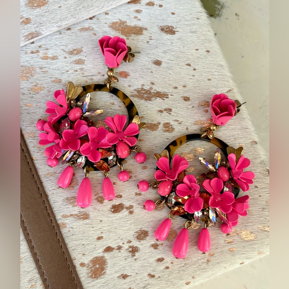 RARE HTF J. Crew Pink Mardi Gras Floral Tortoise Shell Hoop Earrings
